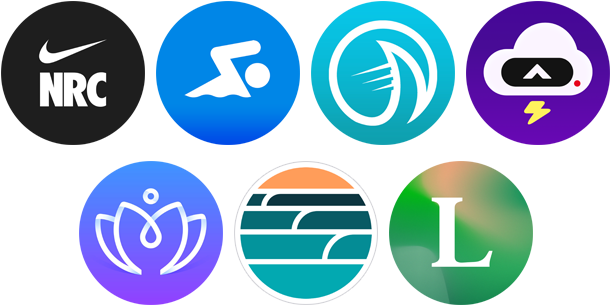 App logos for CARROT Weather, Strava, Nike Run Club, MySwimPro, Lifesum, Dawn Patrol, and Peloton