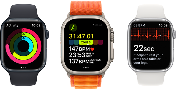 A front view of five Apple Watch devices showing an incoming call, Crash Detection, Activity rings, a Workout screen with metrics, and ECG